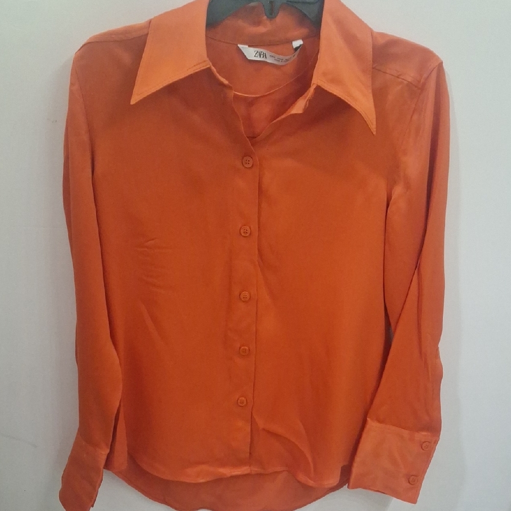Zara Silk Vibrant Orange Collared Shirt